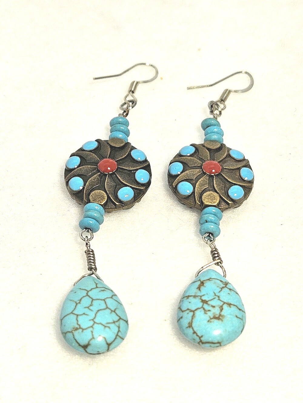 Bohemian Southwestern Turquoise Seed Teardrop Brass Round Bead Dangling Earrings